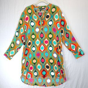 Tolani Silk Shift Dress Women L Orange Teal Geo Print Roll Sleeve Boho Artsy